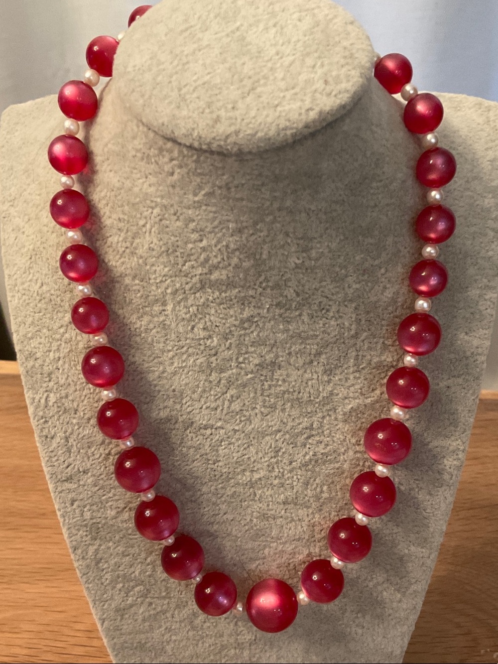 Vintage Cat’s Eye Pink Bead Necklace with Pearl Spacers